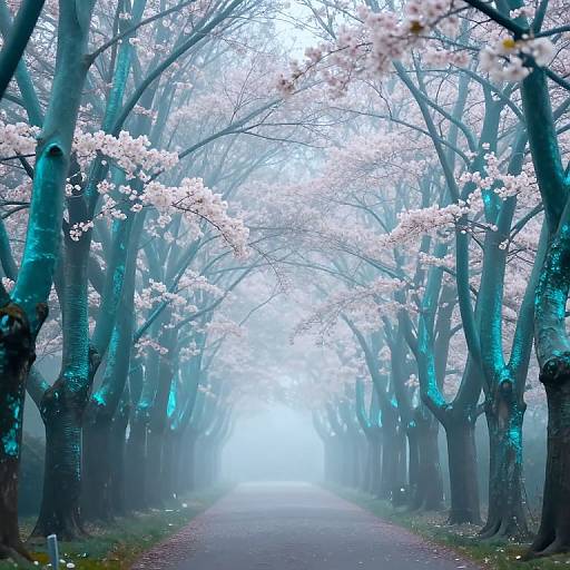 Photograph of a misty, tree-lined pathway with towering trees adorned in pink cherry blossoms, glowing blue-green bark, and a foggy,