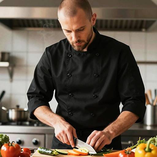 Photograph of a focused, bearded male chef in black uniform, slicing vegetables on a kitchen counter with colorful vegetables in the foreground.