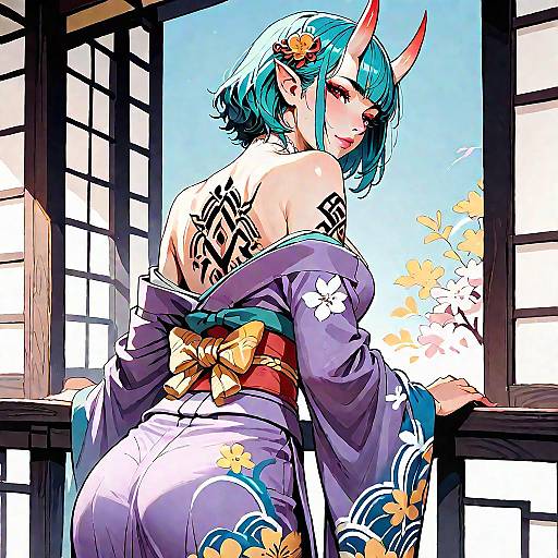 Fantasy Oni Woman in Purple Kimono