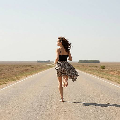 Photograph of a young woman with long brown hair, wearing a black strap top and patterned skirt, running barefoot down a deserted, sunlit