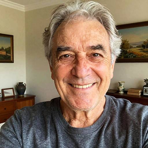 Photograph of a smiling elderly man with gray hair, wearing a black shirt, in a warmly lit room with paintings and decorative items on the walls.