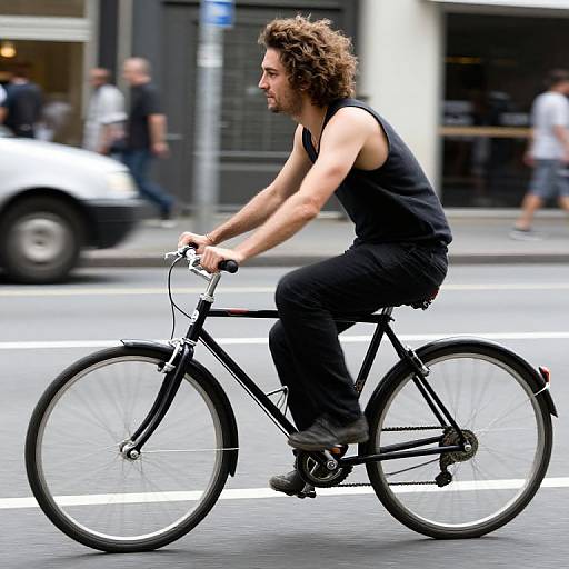 Photograph of a curly-haired man in a black tank top and black pants riding a black bike on a city street. Blurred pedestrians and vehicles in