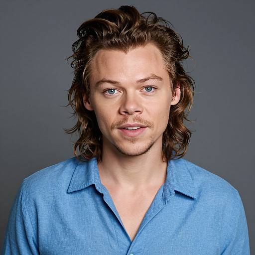 Photograph of a young Caucasian man with blue eyes, wavy brown hair, and a mustache, wearing a light blue button-up shirt, against