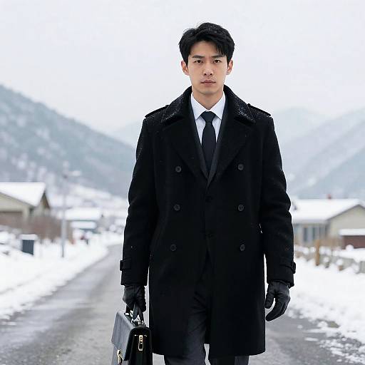 Asian Man in Black Coat on Snowy Road