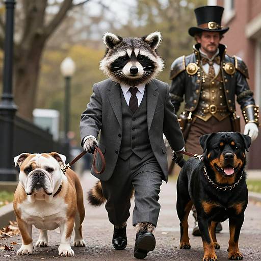 Photograph of a raccoon in a grey suit walking two dogs, a bulldog and a Rottweiler, with a man in Victorian attire
