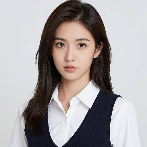 Photograph of an Asian woman with long black hair, fair skin, wearing a white shirt and black sleeveless vest, against a plain white background.