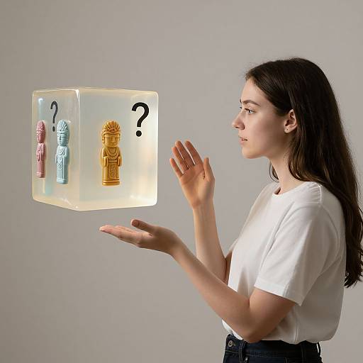 Photograph of a young woman with long dark hair, wearing a white shirt, holding her hands up, examining a glowing cube with colorful, question-mark