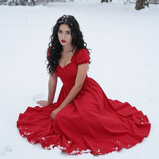Elegant Woman in Red Dress Snow