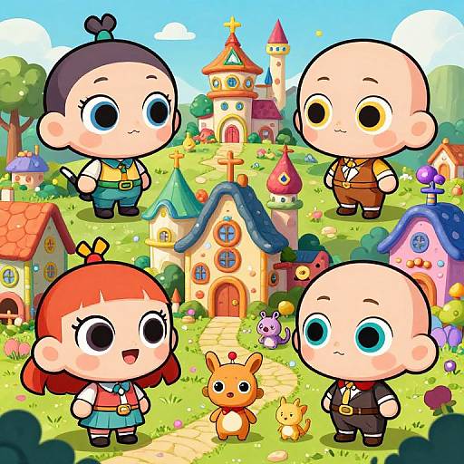 Chibi-style digital drawing of four cute, round-headed children with large eyes, in colorful cartoon village with whimsical houses and castle.