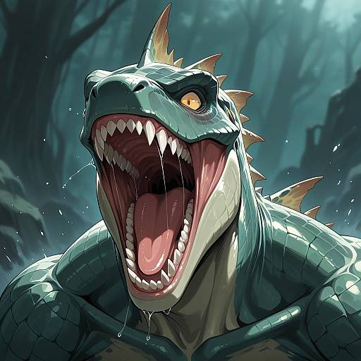 Digital illustration of a fierce, green-scaled, dragon-like creature with glowing yellow eyes, sharp teeth, and a wide open mouth roaring in a dark