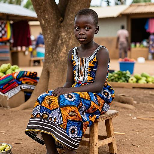 Photograph of a young African girl with dark skin, short hair, wearing a colorful, patterned dress, sitting on a wooden stool outdoors, with