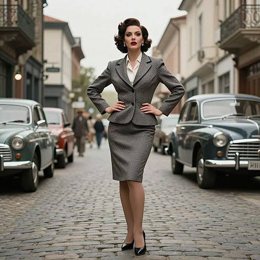 Photograph of a confident, dark-haired woman in a 1950s-style grey houndstooth suit and black heels, standing on a cob