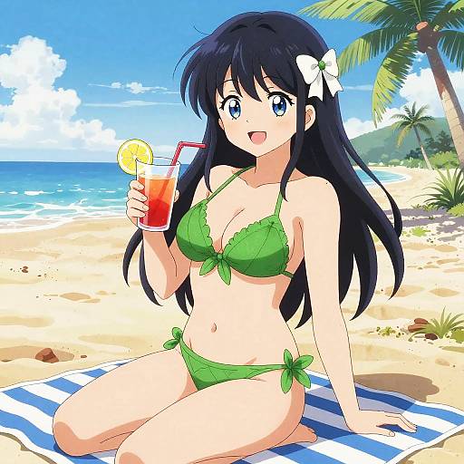 Anime-style drawing of a black-haired girl in a green bikini, holding a drink with a lemon slice, sitting on a beach towel under a palm tree