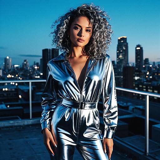 Fashion influencer with corkscrew curls in silver jumpsuit