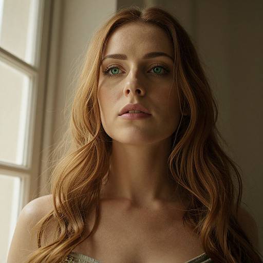 Photograph of a serious-faced woman with long, wavy auburn hair, green eyes, and fair skin, standing near a sunlit window