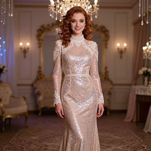 Photograph of a smiling red-haired woman in a sparkling, long-sleeve, form-fitting, sequined gold dress, standing in an elegant