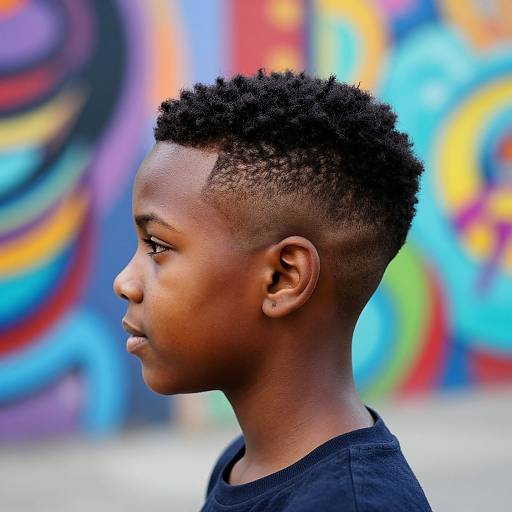 Photograph of young Black boy with short, curly, undercut hair, side profile, wearing black shirt, against colorful graffiti background.