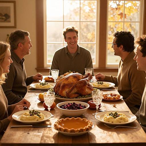 Photograph of a warm, sunlit family dinner with six people around a wooden table, roasting turkey centerpiece, autumn-themed plates, and glasses.