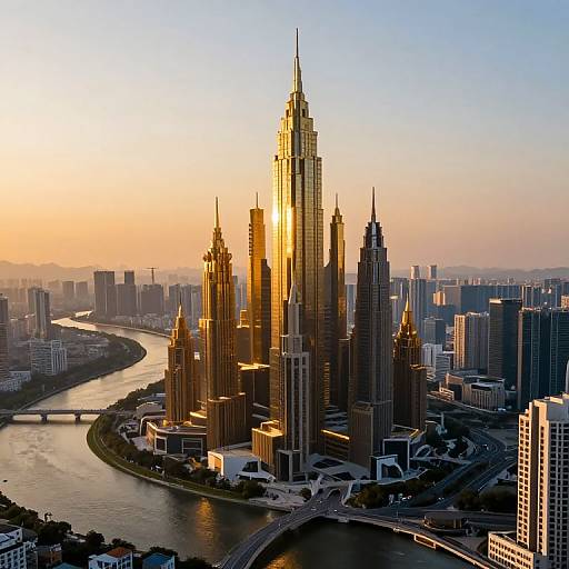 Photograph of a sunlit, modern skyscraper complex with tall, pointed spires along a winding river, surrounded by urban buildings.