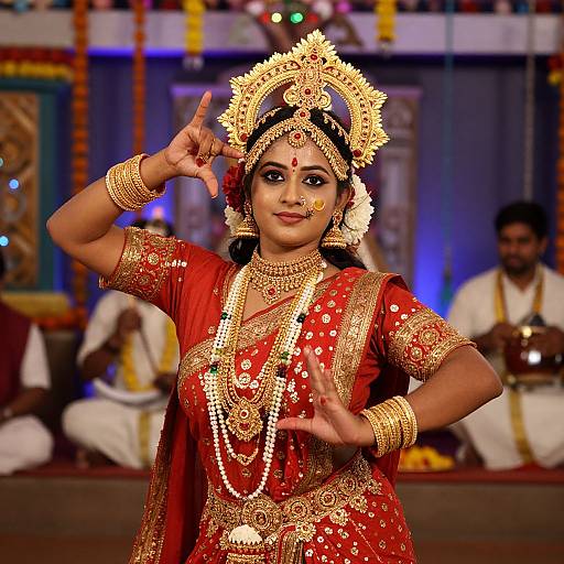 Photograph of a South Indian dancer in a vibrant red traditional dress with gold embroidery, adorned with jewelry, performing in a colorful, festively decorated stage