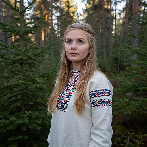 Photograph of a young blonde girl with blue eyes, wearing a white embroidered sweater, standing in a forest with pine trees.