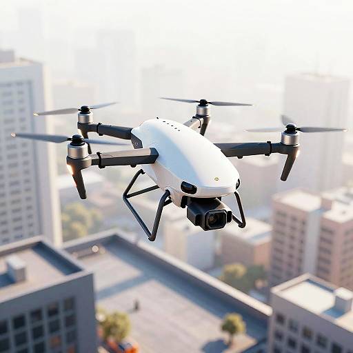 Photograph of a white quadcopter drone with black propellers flying above a cityscape of blurred, sunlit high-rise buildings.