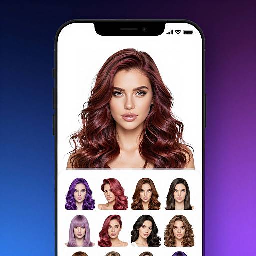 Photograph of a smartphone screen displaying a large, detailed portrait of a woman with wavy, dark brown hair above smaller portraits of seven other women with