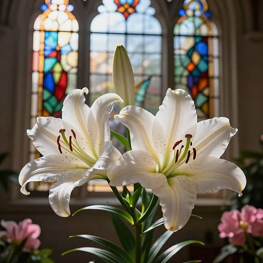 Photograph of two radiant white lilies with dewdrops, in front of a vibrant, stained glass window with colorful patterns. Soft sunlight filters through,