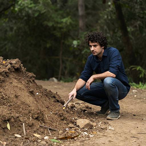 Determined Man Crouching in Forest