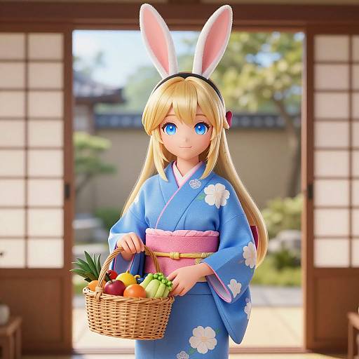 3D Blonde Girl in Blue Kimono