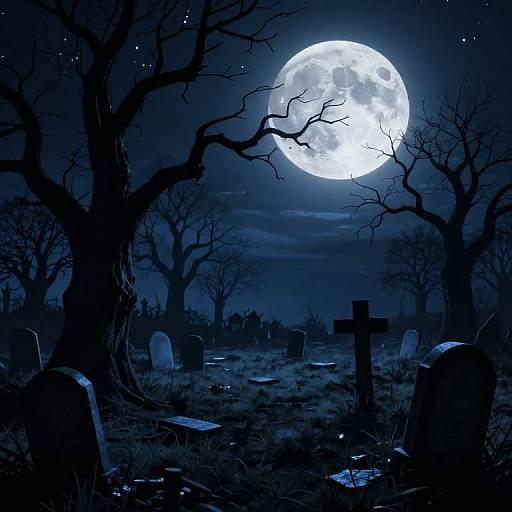 Moonlit graveyard with bare, twisted trees; bright full moon casting eerie blue light on gravestones and a cross in the foreground.