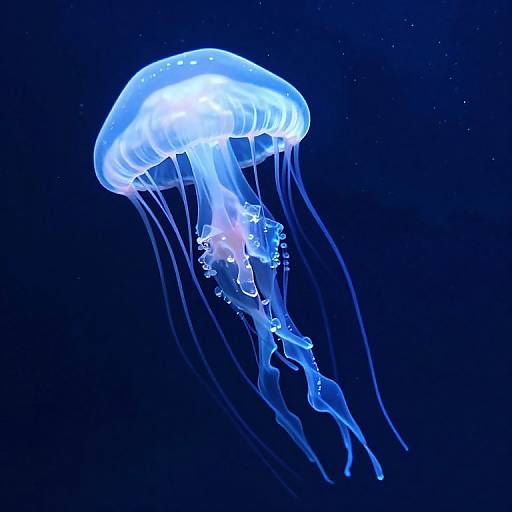 Glowing blue jellyfish with translucent bell and long, flowing tentacles, floating in a dark blue ocean background. Digital illustration.