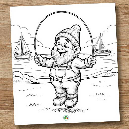 Black-and-white line drawing of a smiling gnome with a hat, round glasses, and pants, standing joyfully on a beach with sailboats and a