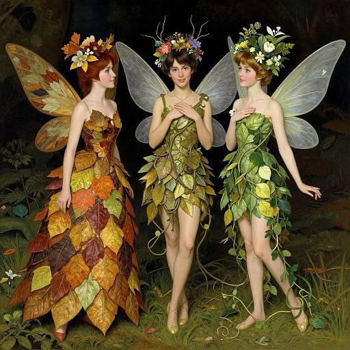 Photograph of three fairies with leaf and flower dresses, floral crowns, and translucent wings, standing in a dark forest.