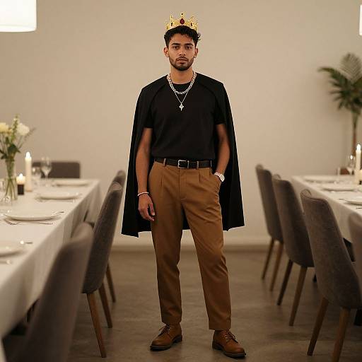 Photograph of a bearded man wearing a black cape, gold crown, brown pants, black shirt, and brown boots, standing in a minimalist,