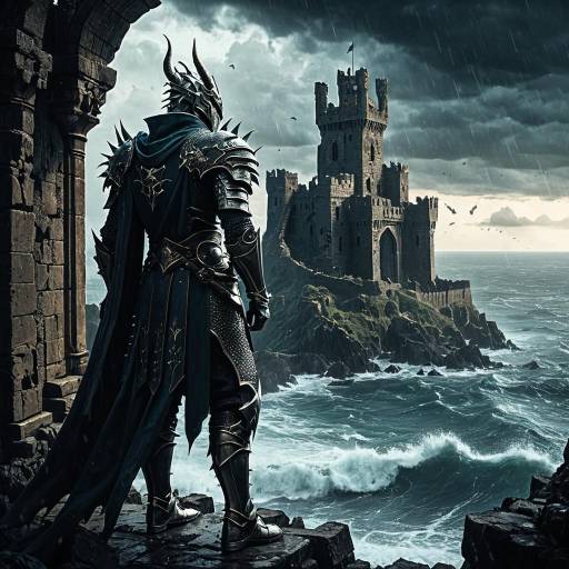 Dragon Knight at Stormy Castle Overlooking Sea