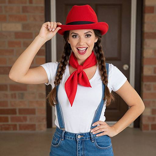 Photograph of a smiling woman with dark braids, red hat, white shirt, red scarf, and blue jeans, standing in front of a brick
