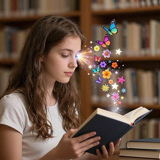 Photograph of a young woman with long brown hair, wearing a white t-shirt, reading a book in a library. Bright, colorful butterflies, flowers