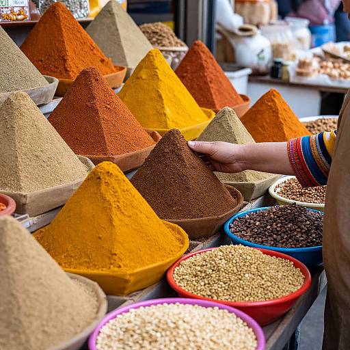Photograph of colorful spice pyramids in bowls, with a hand wearing rainbow bracelets touching an orange pyramid, market setting.