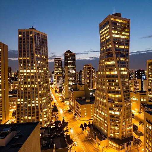Photograph of a cityscape at dusk, showing illuminated tall office buildings with yellow lights, against a deep blue evening sky. Busy streets below are lit