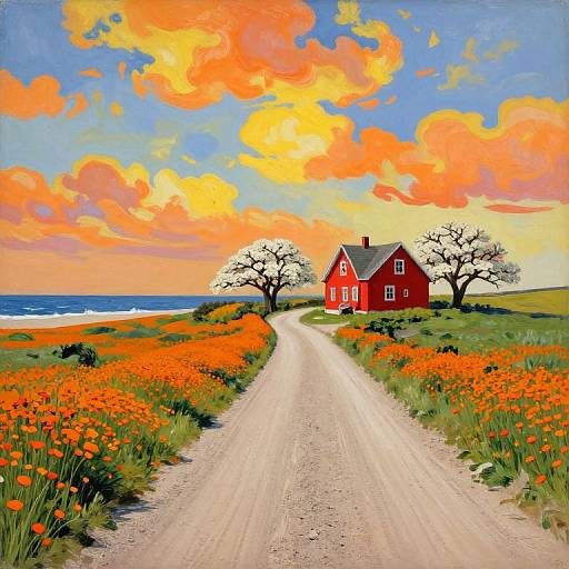 Vibrant digital painting of a red house with white trim on a gravel road, flanked by orange flowers, and two leafless trees, under
