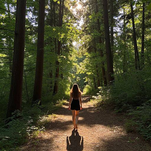Photograph of a young woman with long brown hair, wearing a black dress and sneakers, walking down a sunlit forest path, surrounded by tall trees