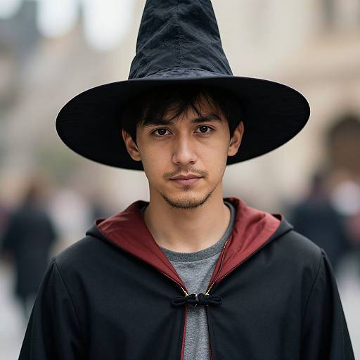 Photograph of a young man with light brown skin, brown eyes, and a goatee, wearing a black witch hat and a black cloak with a