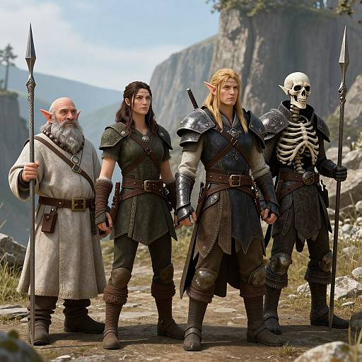 CGI image of four fantasy warriors: bald bearded elf with spear, dark-haired woman, blonde elf, and armored skeleton with sword, standing on