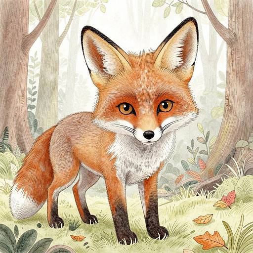 Digital illustration of a cute, orange and white fox with large ears, standing in a sunlit forest clearing with autumn leaves.