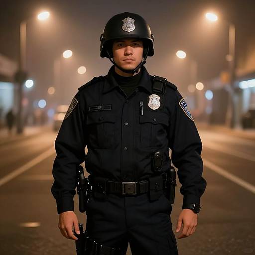 Photograph of a serious male police officer in dark uniform and helmet, standing on a foggy, lit street at night.