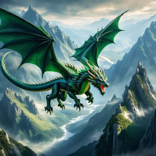 Green Dragon Flying Over Mountain Valley