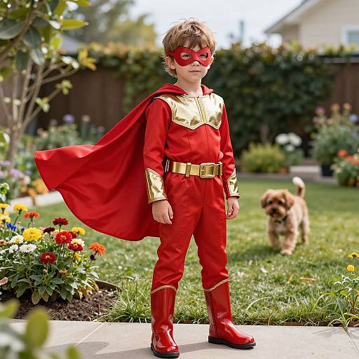 Photograph of a young boy in a red superhero costume with gold accents, red boots, and mask, standing in a colorful garden with a brown dog