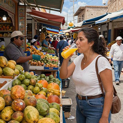 Woman Drinking Juice in Spanish Market