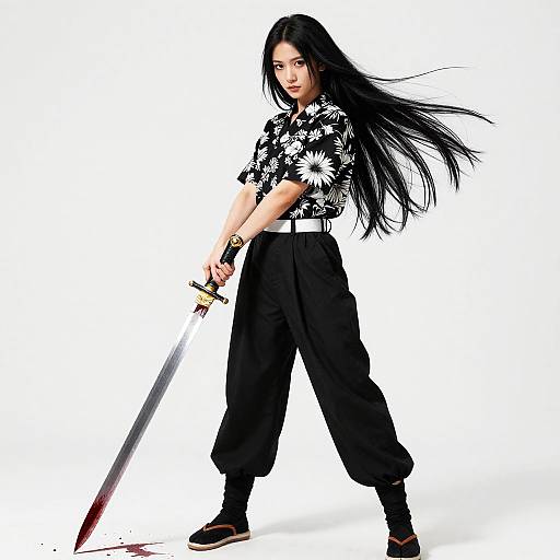 Photograph of an Asian woman with long black hair, wearing a black and white floral shirt, black pants, and sandals, holding a blood-stained